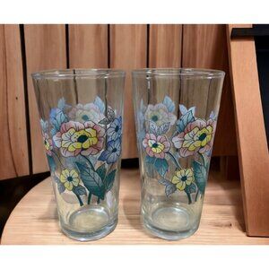 Vintage 60's Floral KIG Indonesia Clear Glass 14 oz Tumblers Glasses Set Of 2